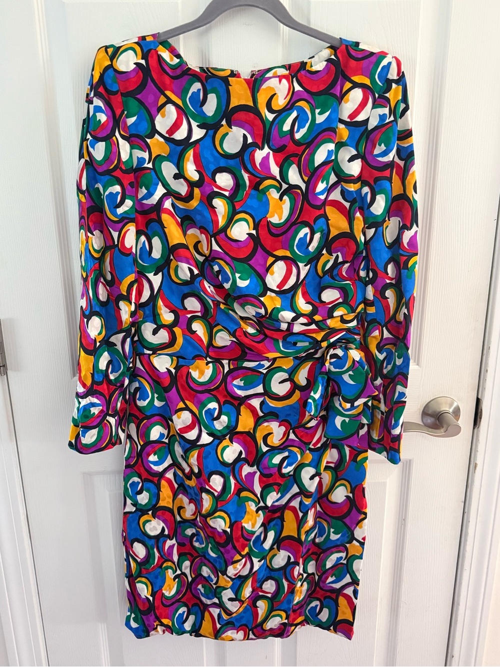 RARE Scaasi Boutique Vintage 80s Abstract Print Draped Sash Dress Size 12